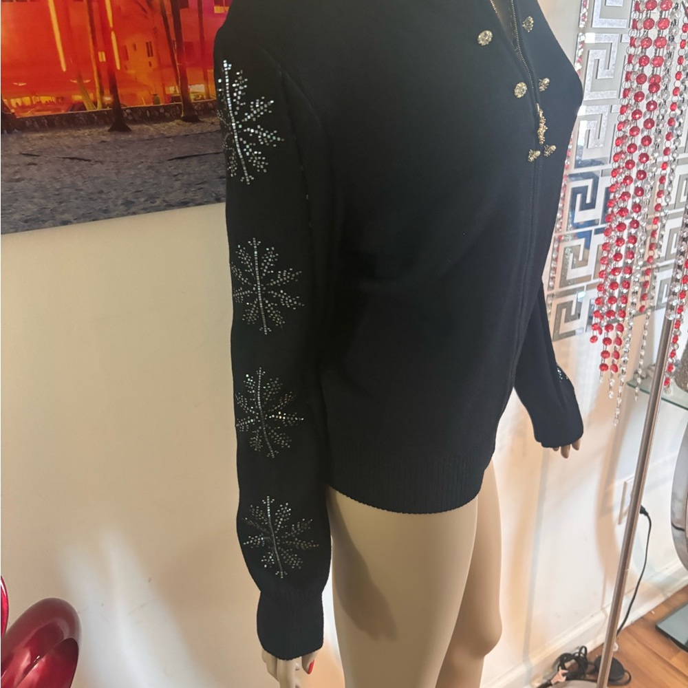 St. John Black embellished paillettes sequins Jacket with Snowflakes 10